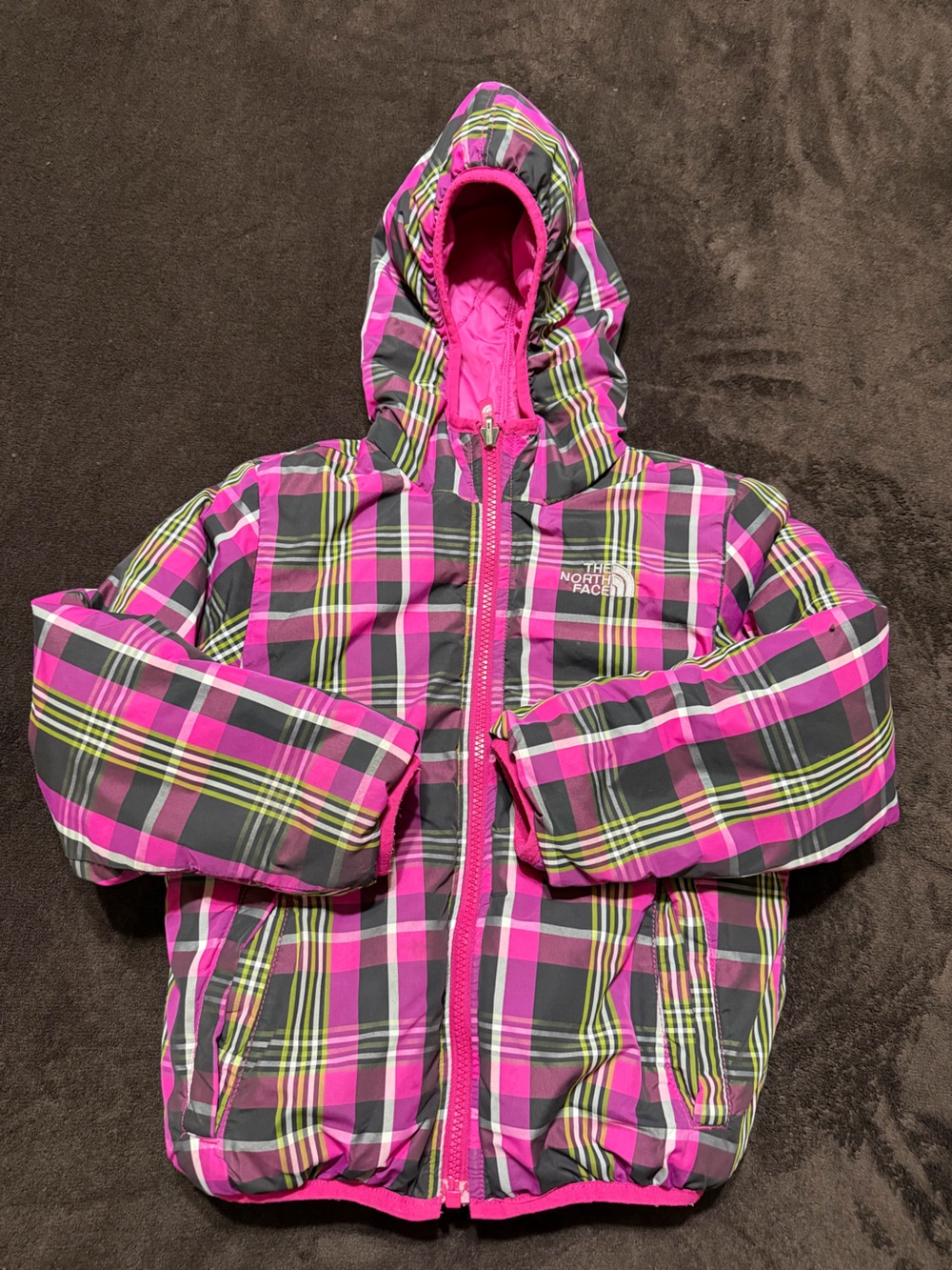 The North Face Pink Plaid Reversible Hooded Puffer Jacket